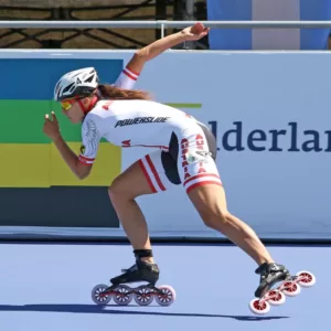 "Speed skater demonstrating the advanced technology of speed skates, showcasing precision, efficiency, and high-performance