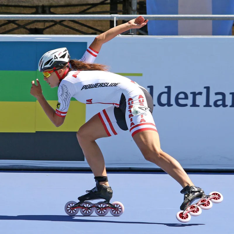 "Speed skater demonstrating the advanced technology of speed skates, showcasing precision, efficiency, and high-performance