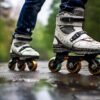 "Inline skater navigating extreme weather conditions, equipped with appropriate gear and executing safe skating techniques for an adventurous and enjoyable experience."
