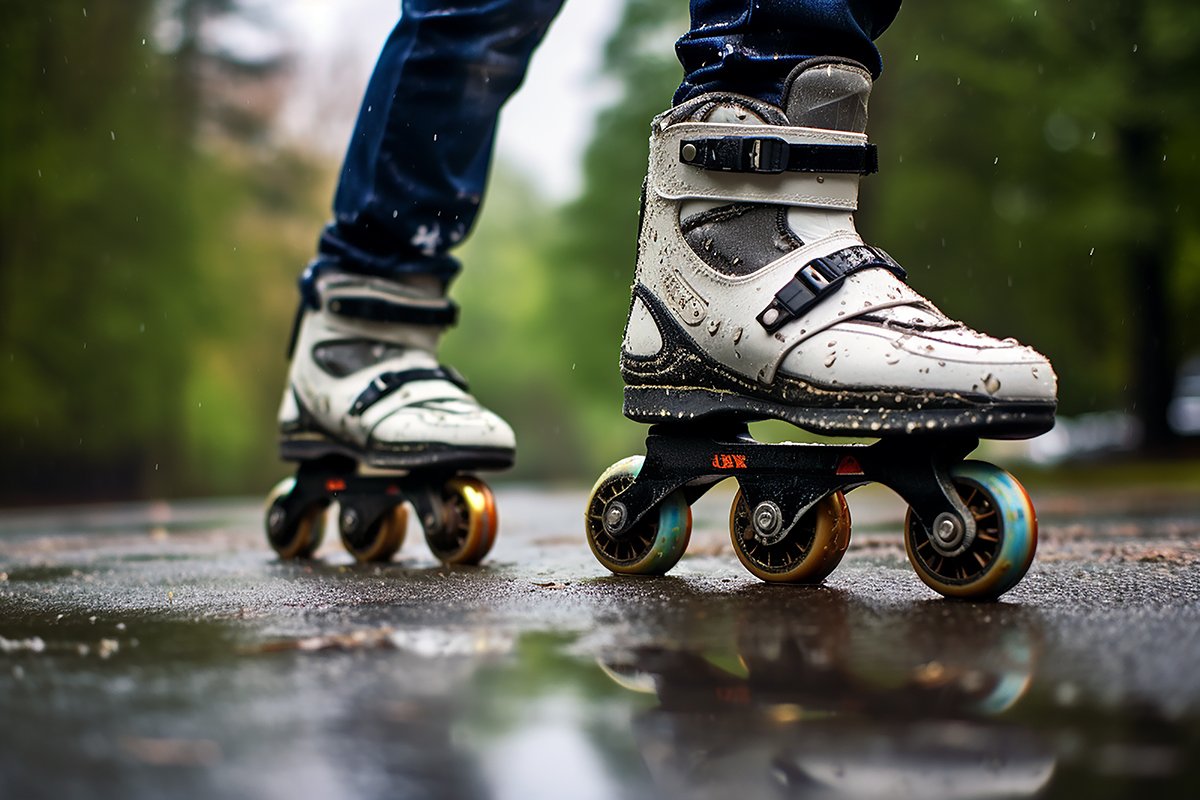 "Inline skater navigating extreme weather conditions, equipped with appropriate gear and executing safe skating techniques for an adventurous and enjoyable experience."