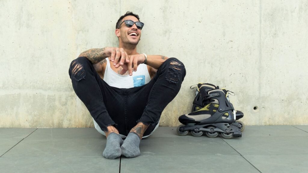 Enjoying the thrill of inline skating in a lush park setting, promoting mental wellness through outdoor activity and connection with nature.