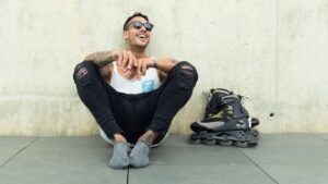 Enjoying the thrill of inline skating in a lush park setting, promoting mental wellness through outdoor activity and connection with nature.